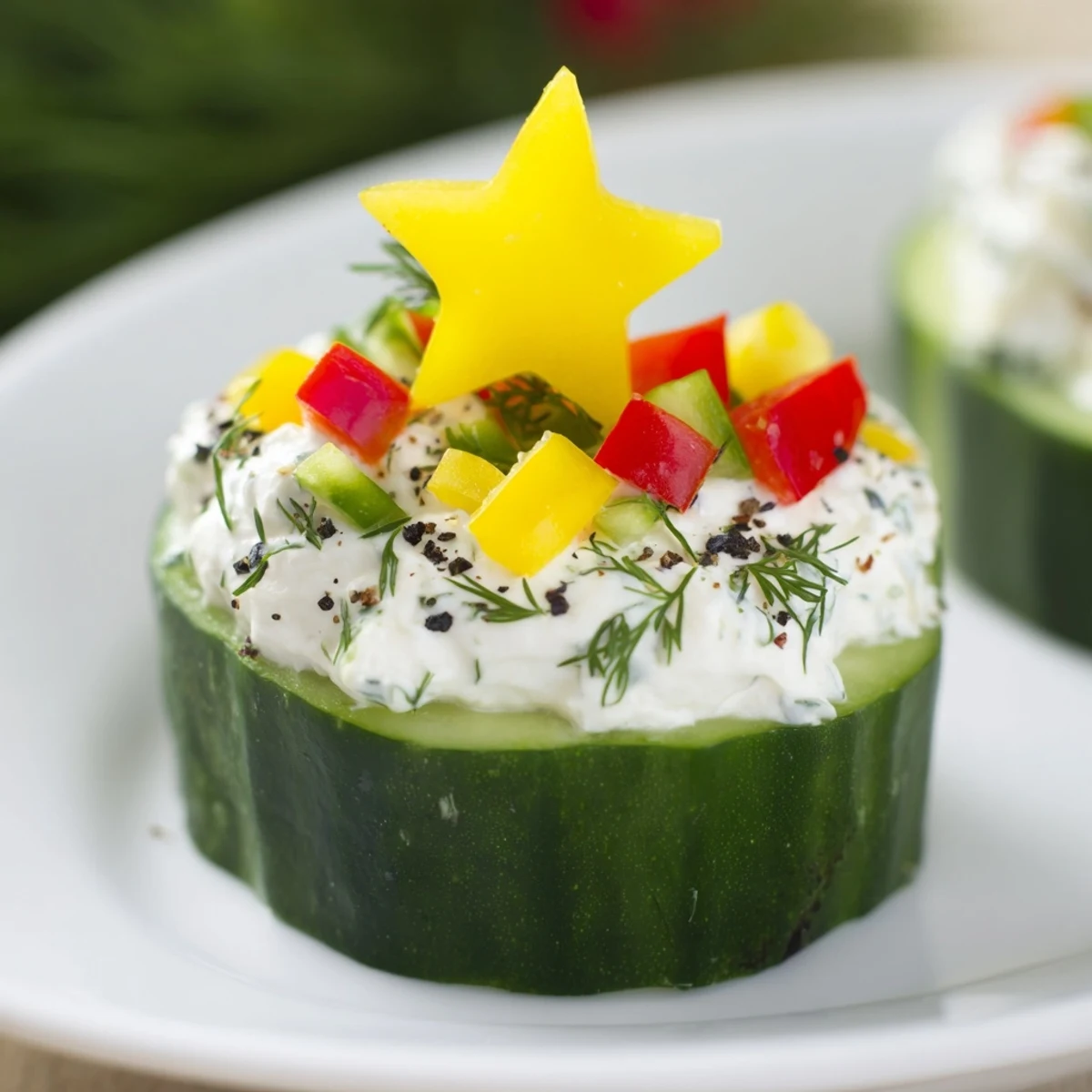 Enjoy a close-up of delicious Holiday Star Cucumber Bites: cool cucumber rounds topped with creamy cheese.