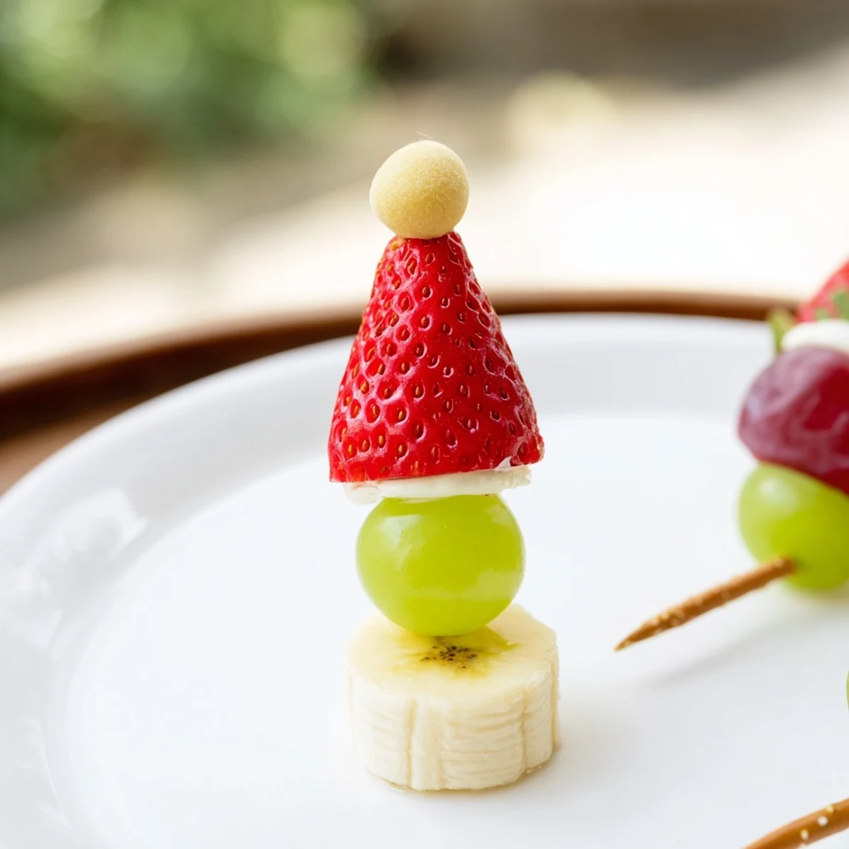 Colorful Elf Hat Strawberry Skewers are a fun, healthy snack ready to enjoy immediately.