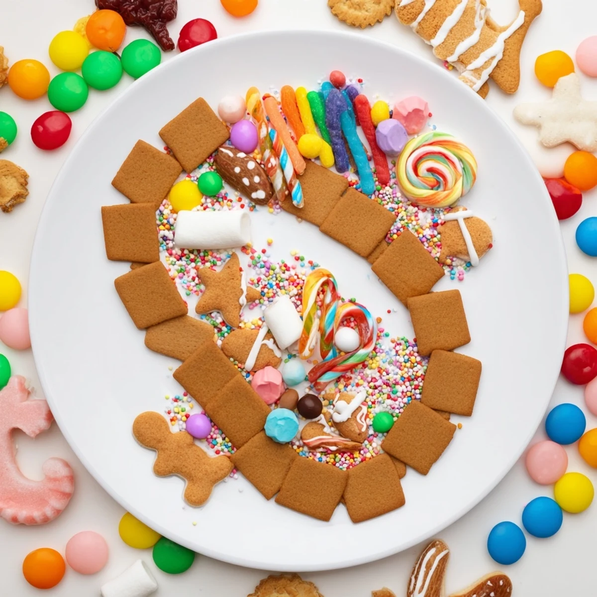 Vibrant photo: A delightful Candy Land Gingerbread Path designed with edible gingerbread cookies and sweets.