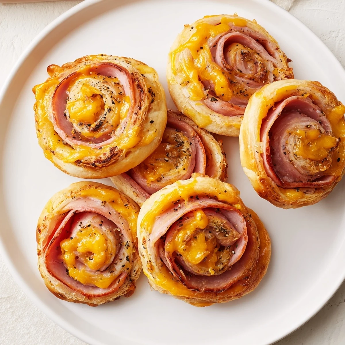 Warm, cheesy, and savory ham pinwheel rolls, perfect for a party appetizer or easy snack any day.