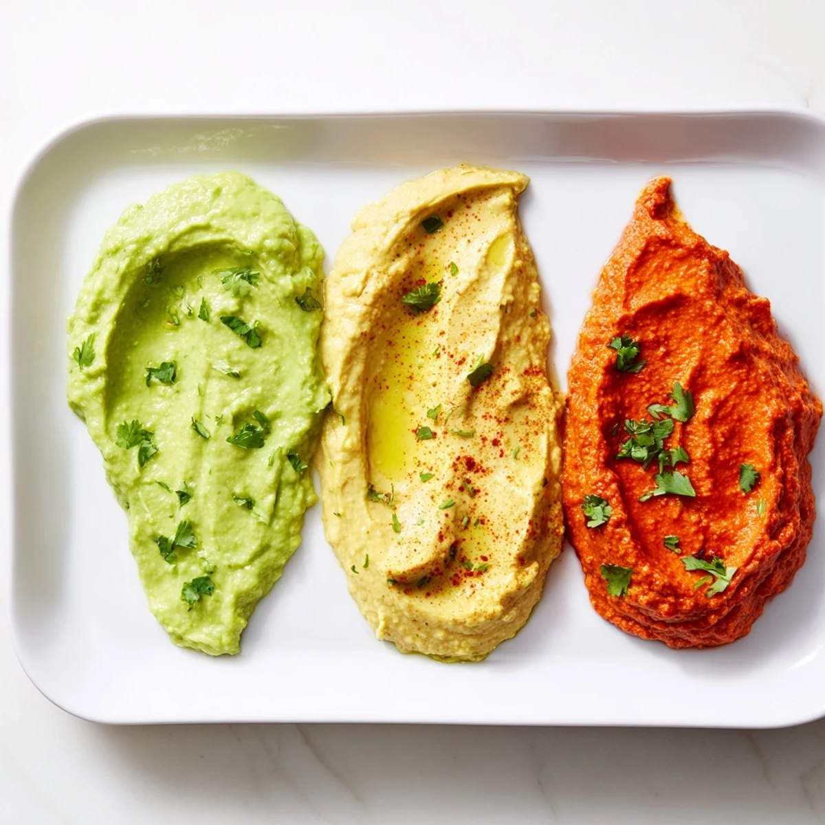 A Dip Trio: vibrant avocado, red pepper, and turmeric hummus elegantly presented for dipping.