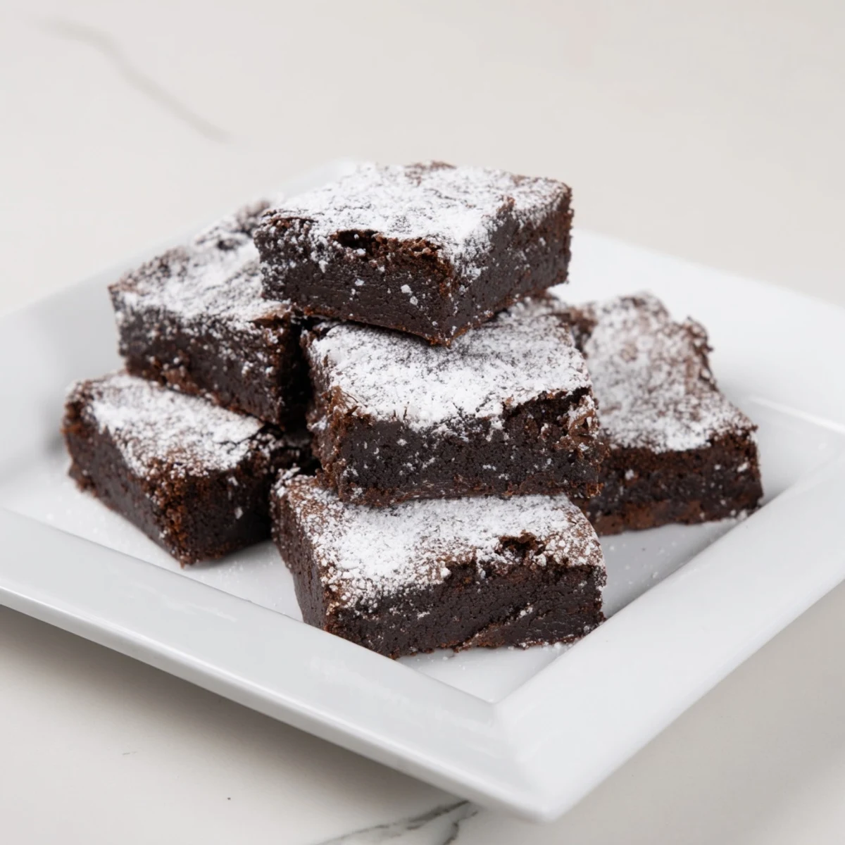 Close-up of decadent brownie squares, topped with a delicate powdered sugar dusting for a sweet finish.
