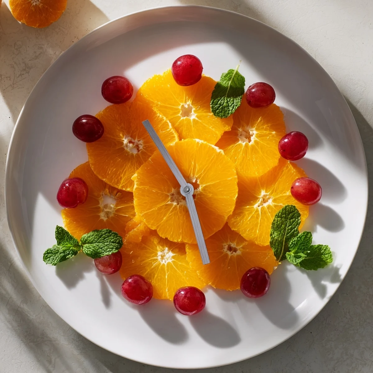 Freshly assembled Grape and Orange Slice Clock Face, ready to serve, a visually appealing and delicious snack.
