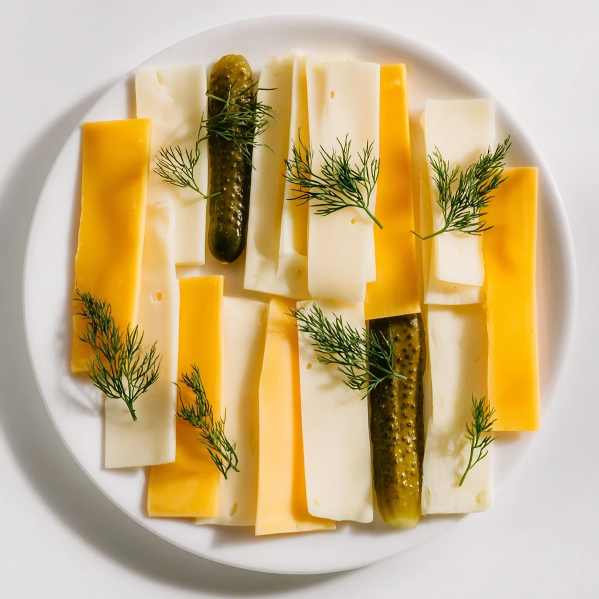 Vibrant photo of a Dill Pickles and Sliced Cheese appetizer, ready to serve with fresh dill garnish.