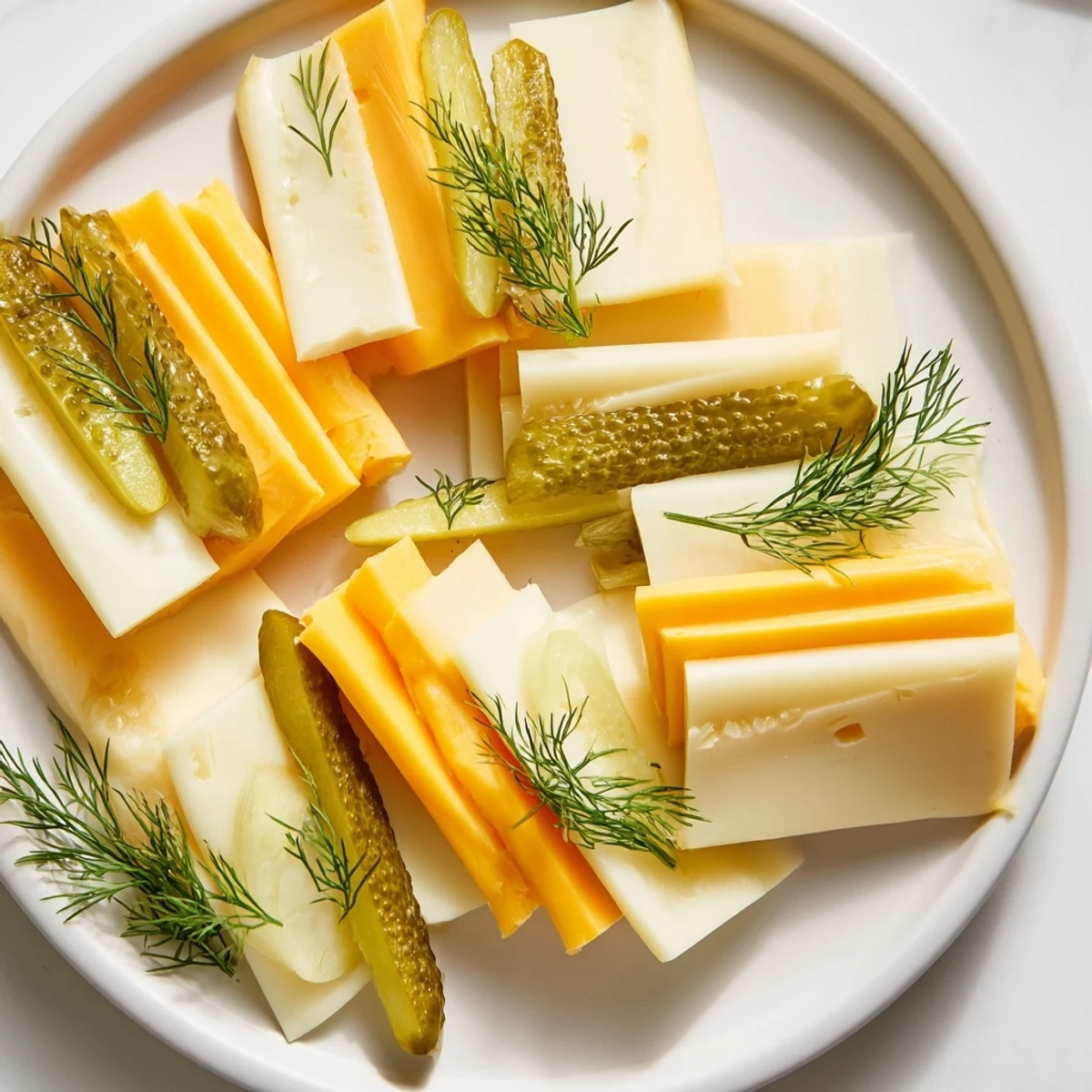 Easy-to-make Dill Pickles and Sliced Cheese appetizer; a delightful pairing for a quick snack.