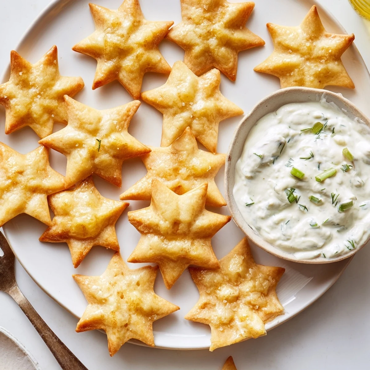 Close-up shot shows golden, crisp Holiday Crackers in a star shape with a creamy dip.