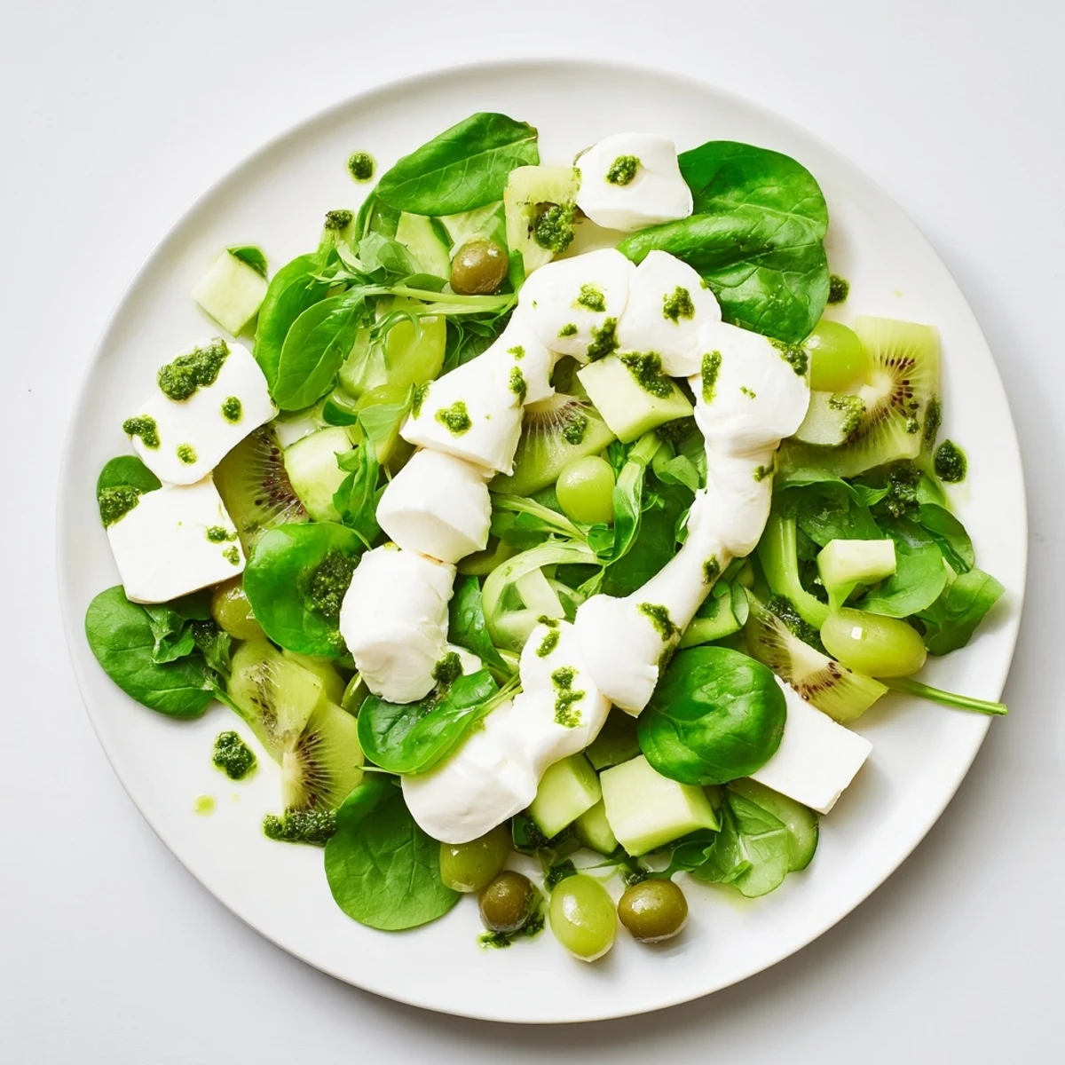 Emerald Isle Greenscape salad with a creamy mozzarella river and fresh basil leaves.
