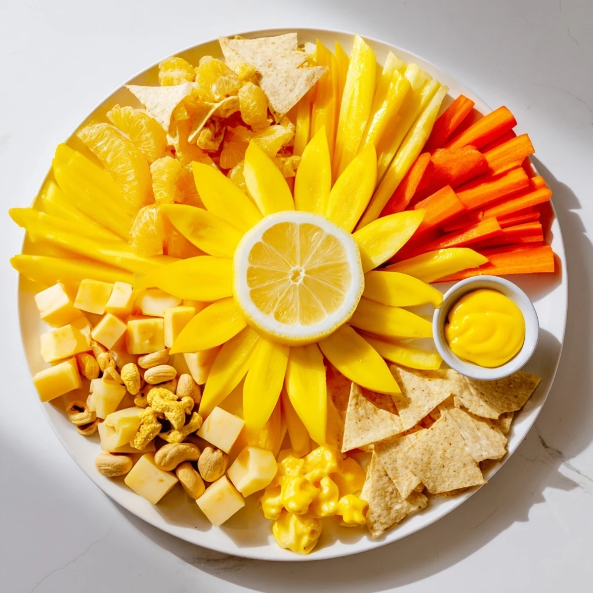 A vibrant Sunny Yellow Citrus Burst grazing board overflowing with colorful fruits, cheese, and crackers.