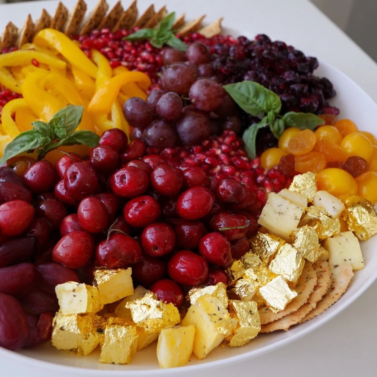 Appealing Crimson & Gold Gala cheese board featuring roasted peppers, cheese, and colorful fruits beautifully arranged.