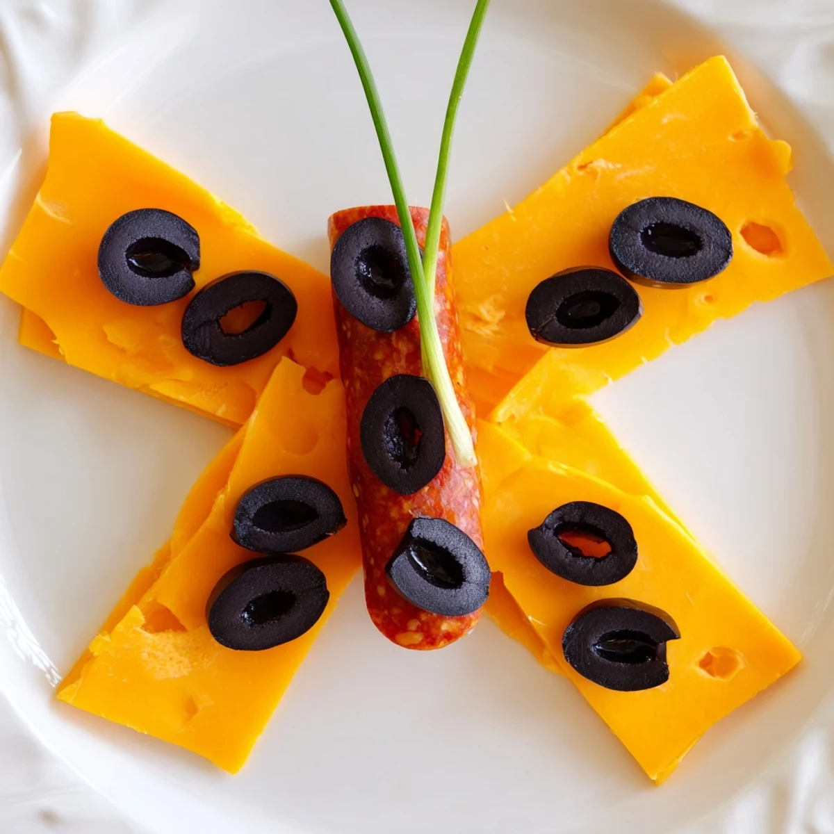 A festive Butterfly Migration appetizer: sliced salami forms the body with vibrant cheddar wings and olives.