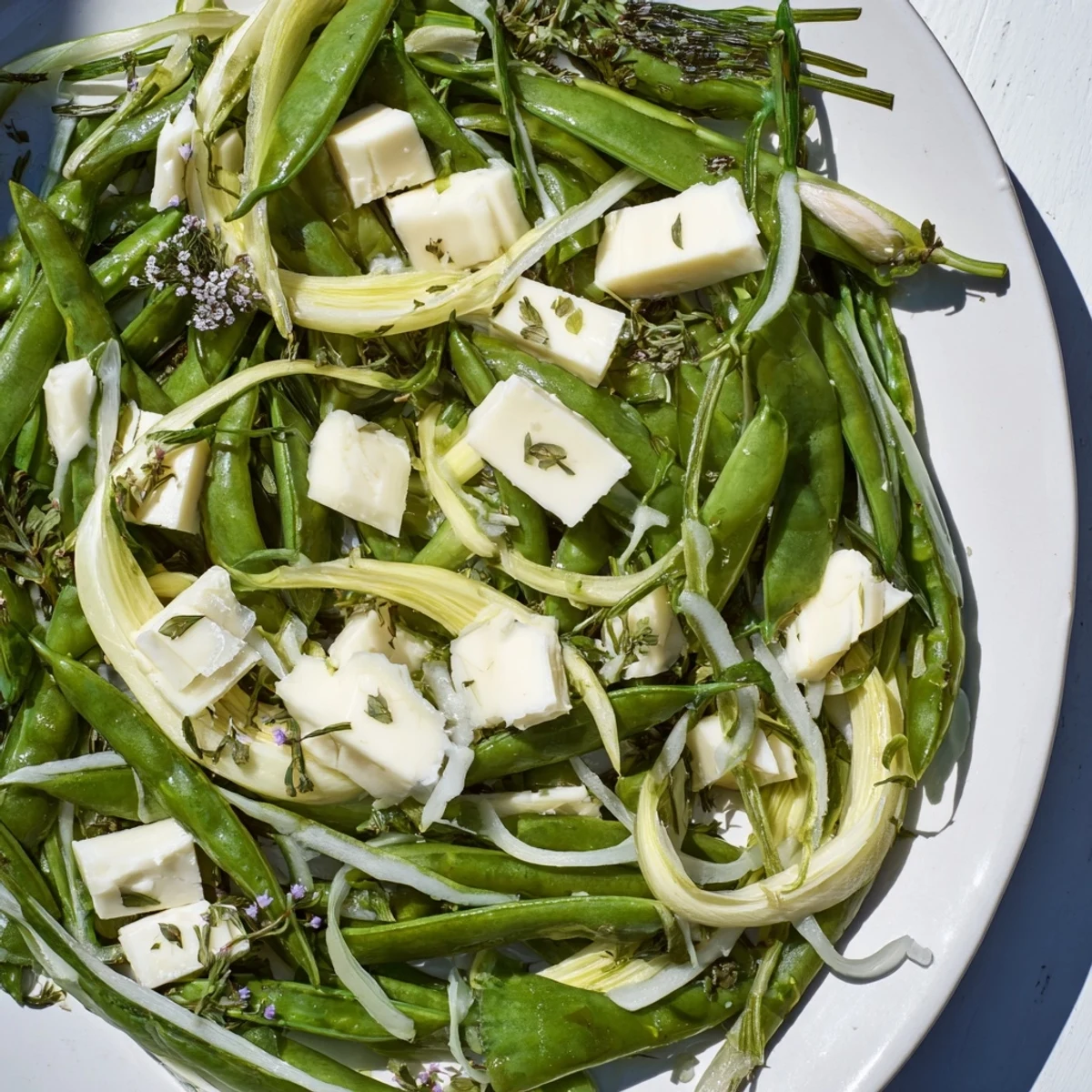 An artful plate of The English Ivy salad, vivid green beans and snap peas with white cheddar.