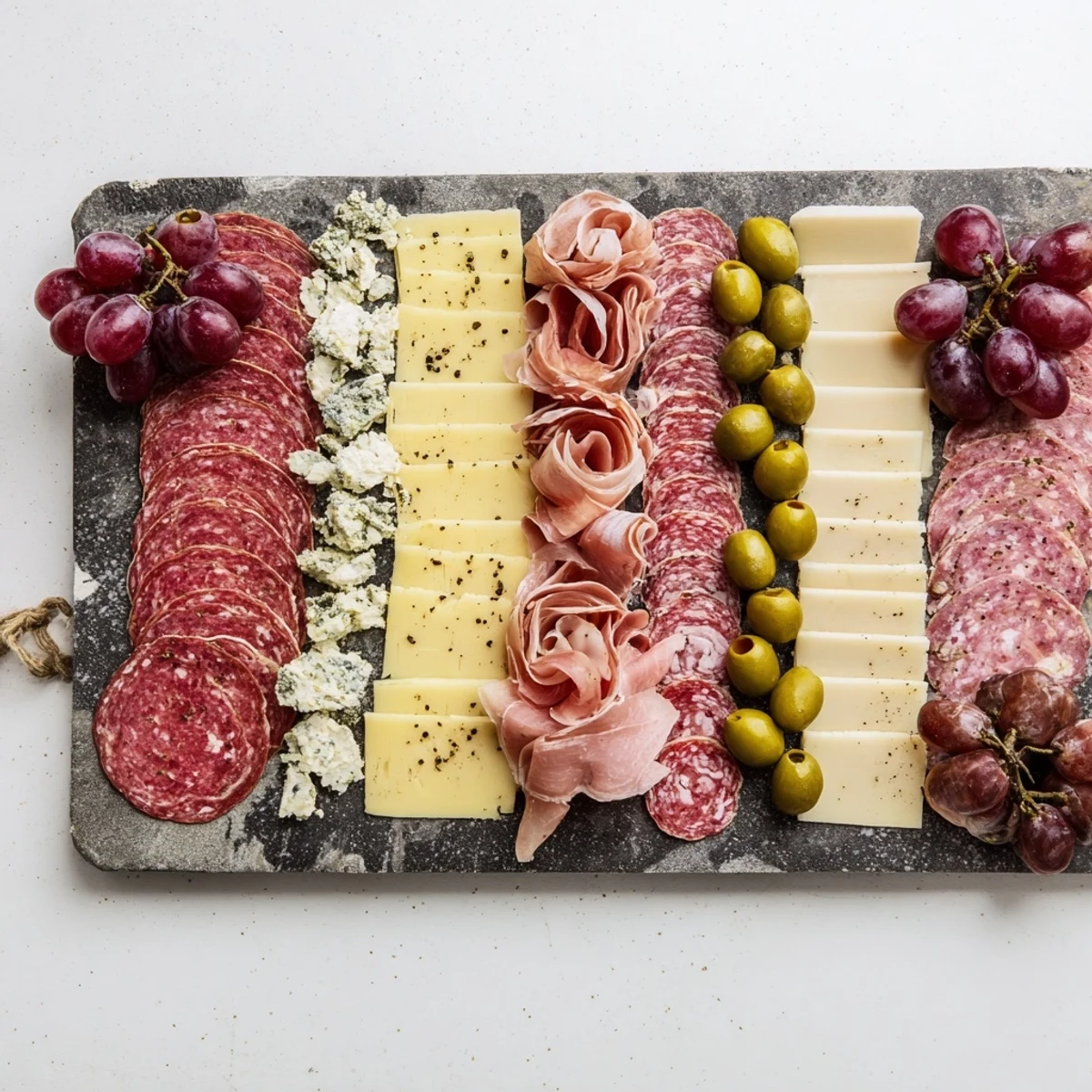 Artfully arranged meats and cheeses create a delicious Industrial Slate display, perfect for serving guests.