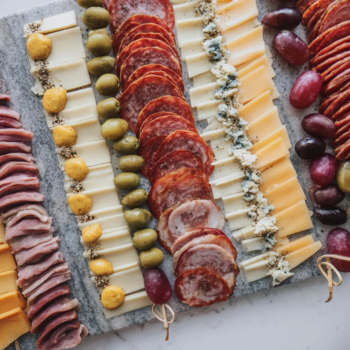 A modern Industrial Slate appetizer, showcasing an array of cold meats and sharp cheeses on a slate board.