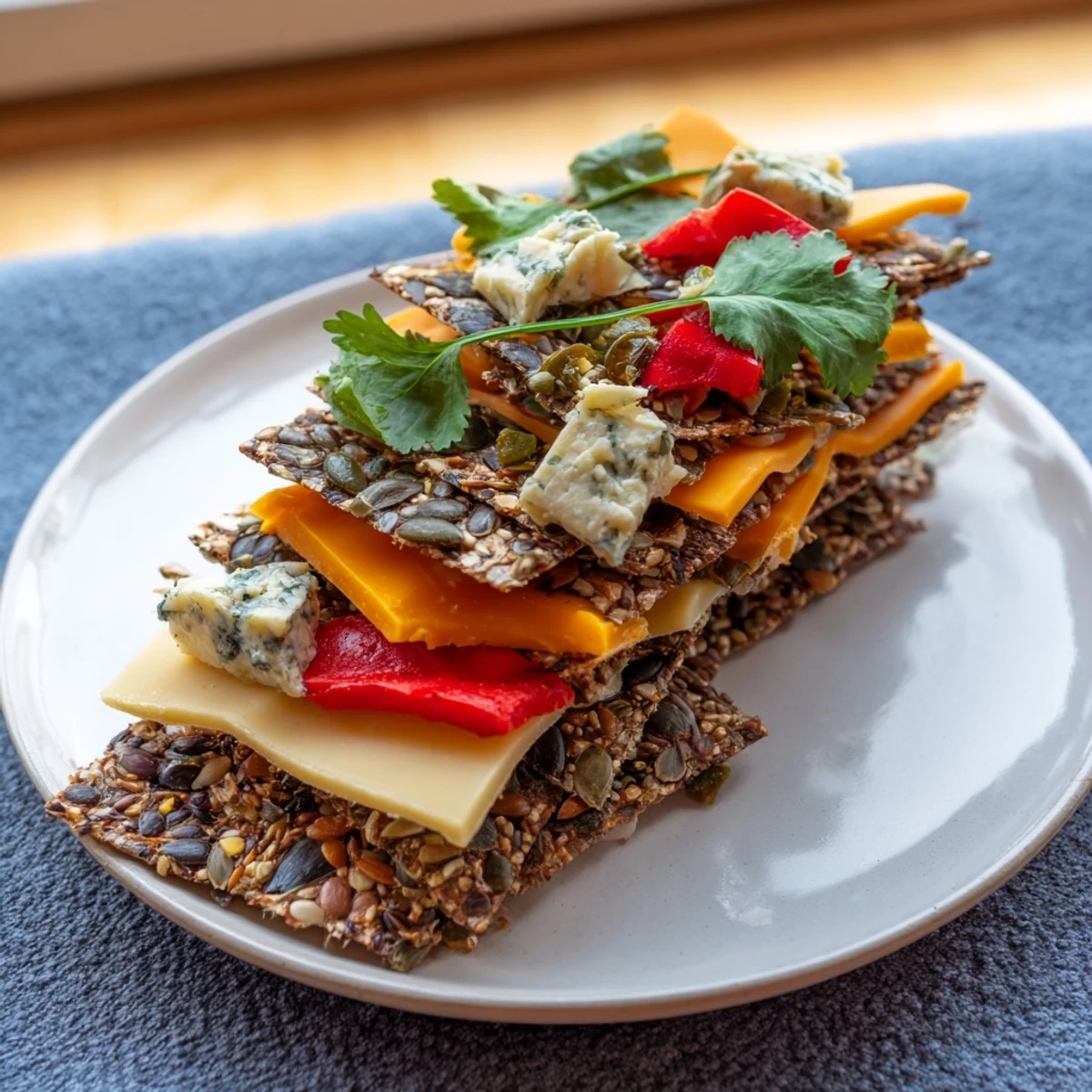 A Southwest Mesa appetizer: cheese and cracker towers garnished with peppers and cilantro, ready to serve.