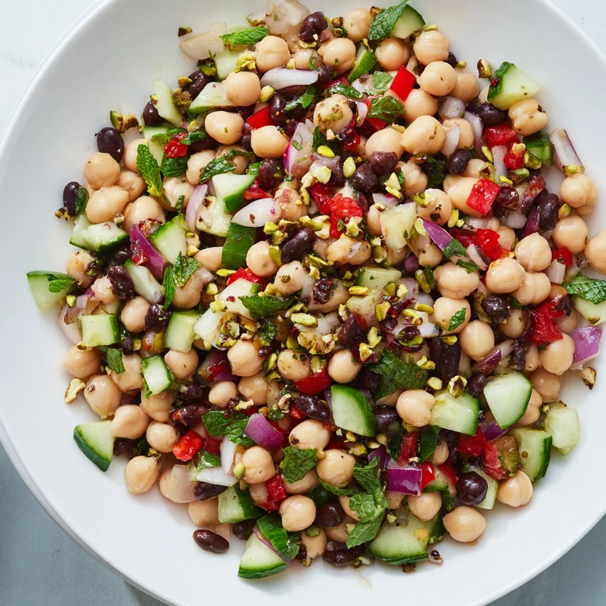 Vibrantly colorful Dense Bean Salad with Dubai Chocolate Notes, ready for a delicious, healthy meal.
