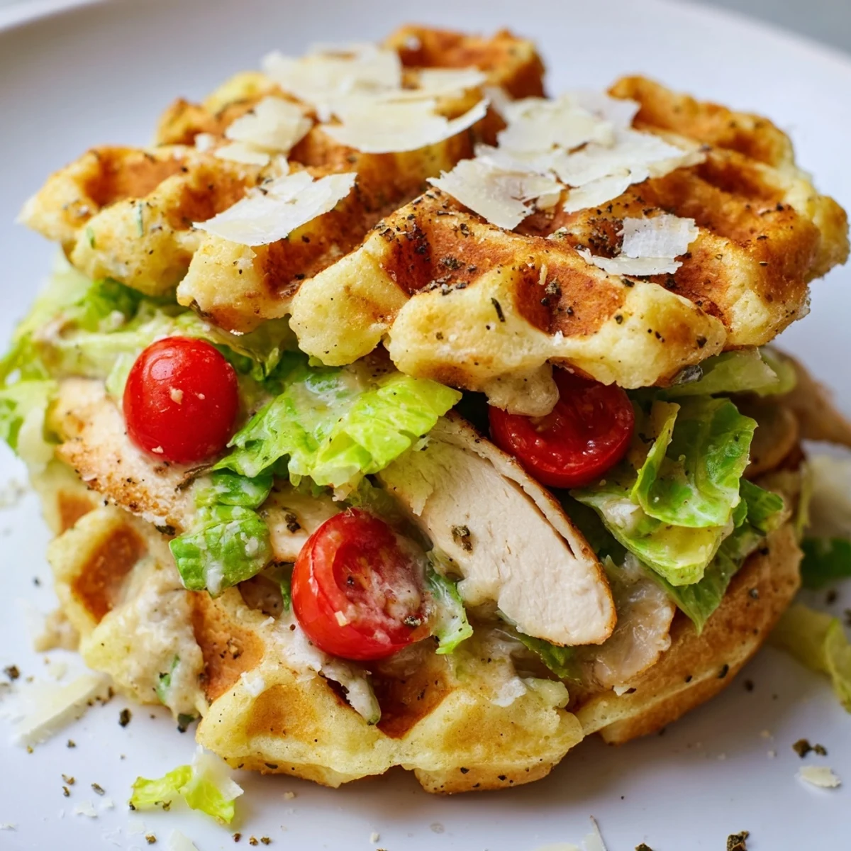 Savory Chicken Caesar Waffle Sandwich, overflowing with grilled chicken, served with fresh romaine.