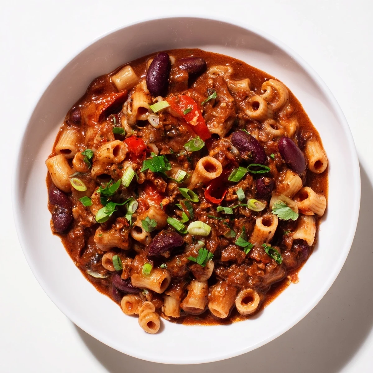 Steaming, one-pot ditalini with hot cocoa chili, a deep brown color, topped with fresh cilantro.