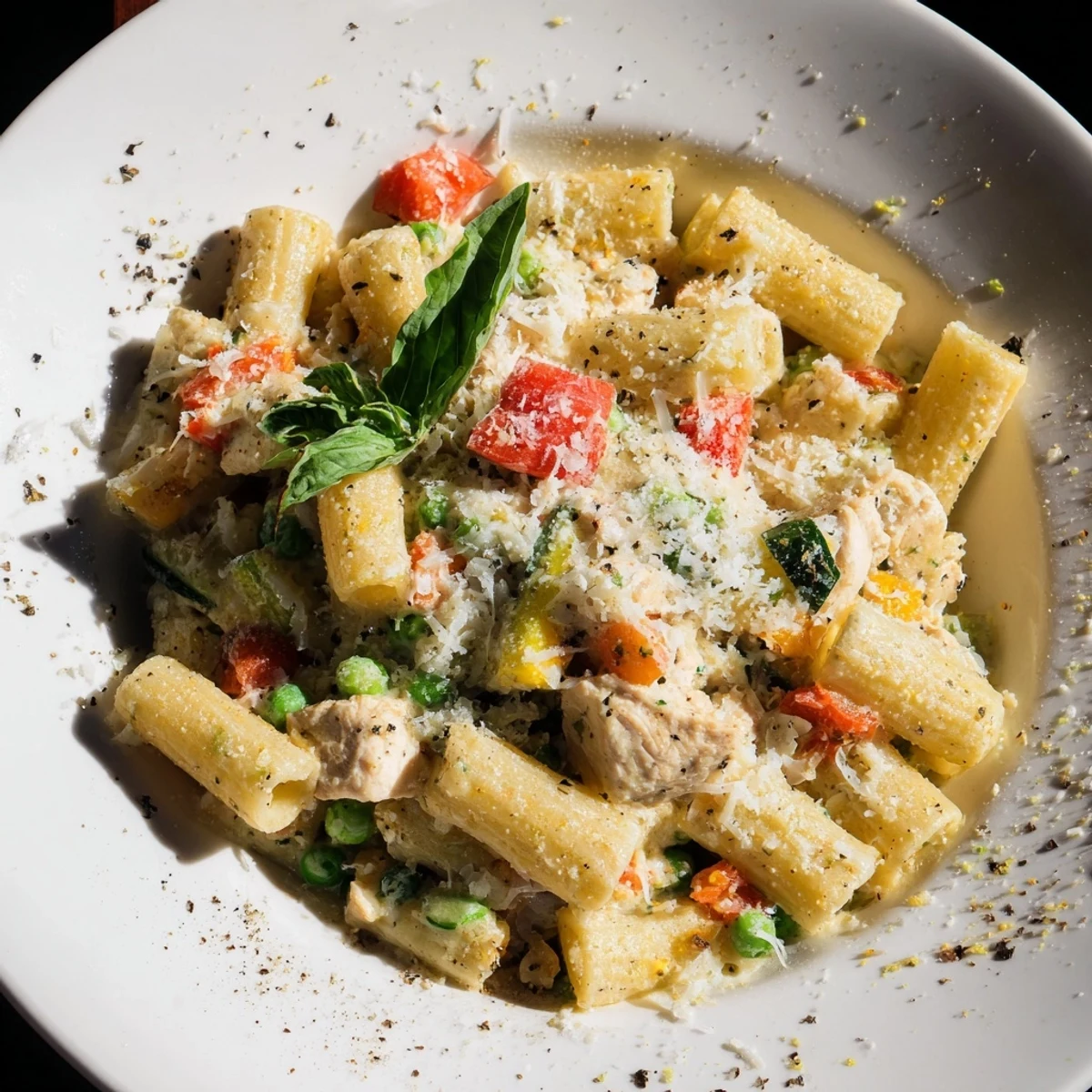 Steaming The Last Bite Chicken Pasta, a vibrant fusion of pasta, fresh veggies, and creamy sauce.