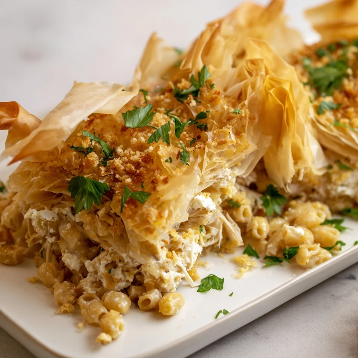 Golden-brown, crispy Chicken and Pasta Crinkle Cake, bubbling with creamy cheese and herbs, ready to serve.