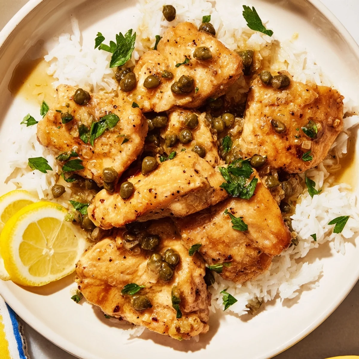 A steaming bowl of Express Chicken Piccata Rice Bowl, with glistening chicken and capers atop white rice.
