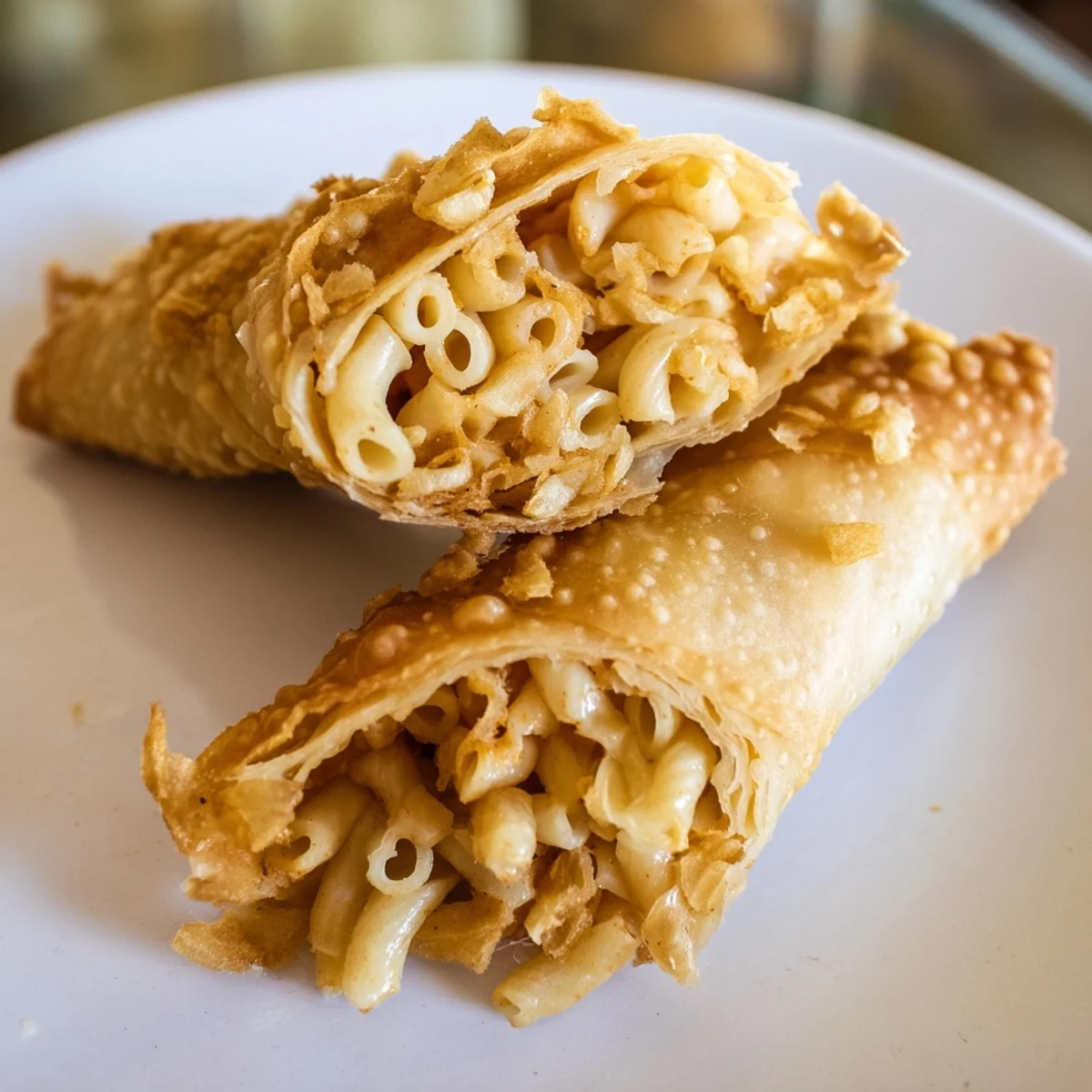 Golden, air-fried Tinis Mac and Cheese Lumpia Rolls, a crispy exterior revealing creamy mac inside.