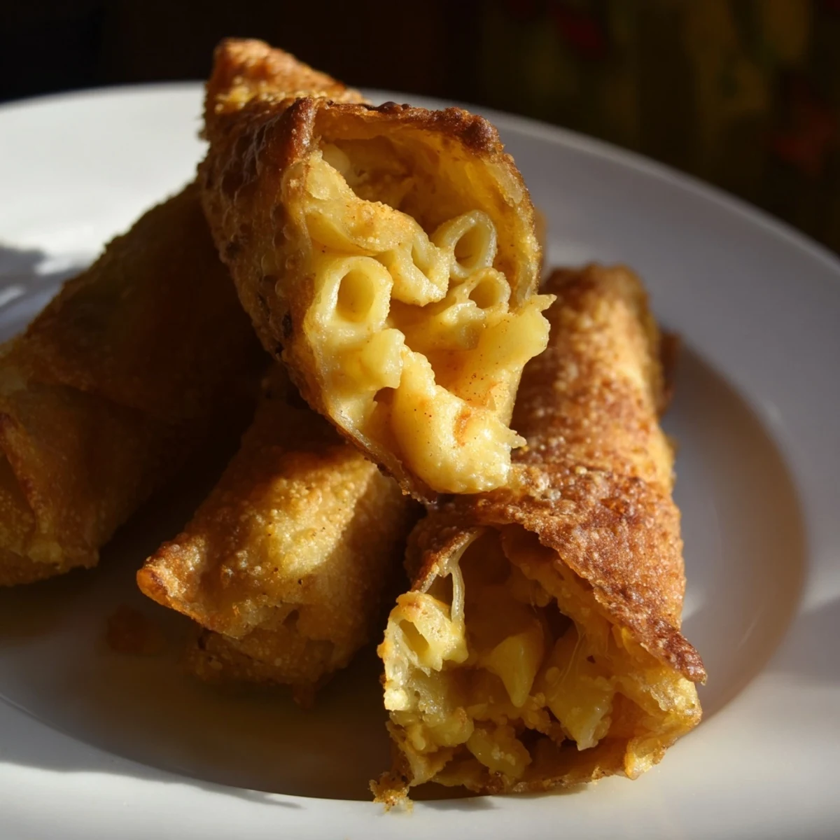 A close-up of perfectly rolled Tinis Mac and Cheese Lumpia, ready to be dipped and enjoyed.