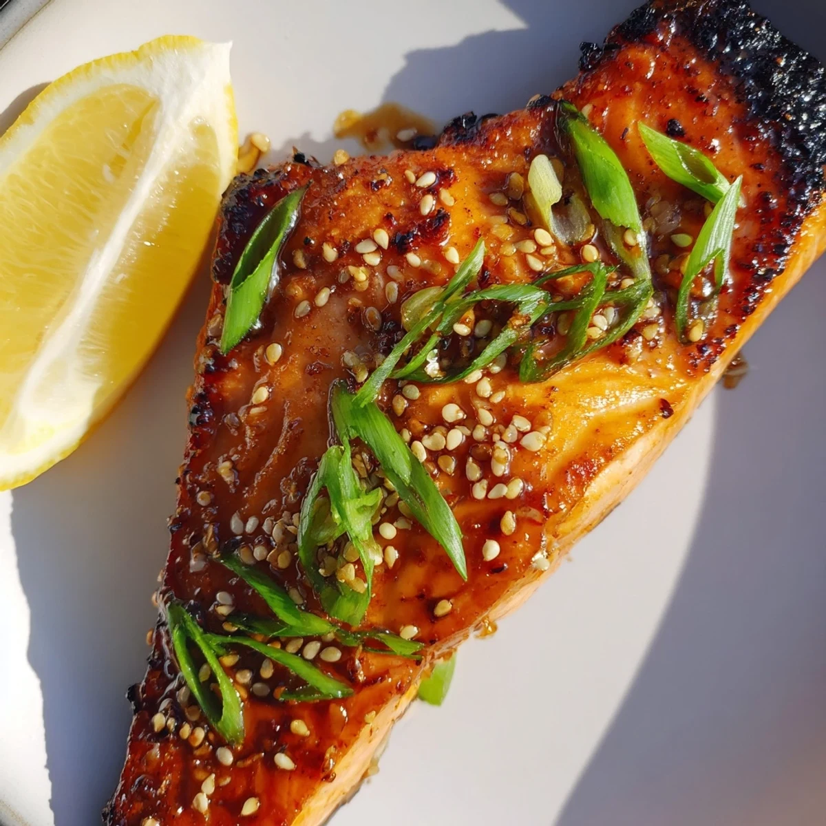 Seared ginger soy glazed salmon, glistening with a rich glaze, perfect for your dinner.