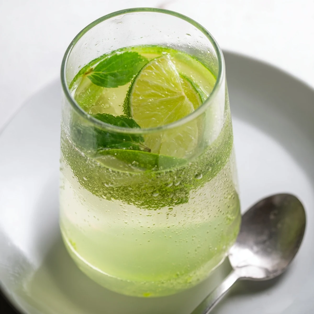 Refreshing Mint Lime Agua Fresca, garnished with lime, offers a burst of summery refreshment.