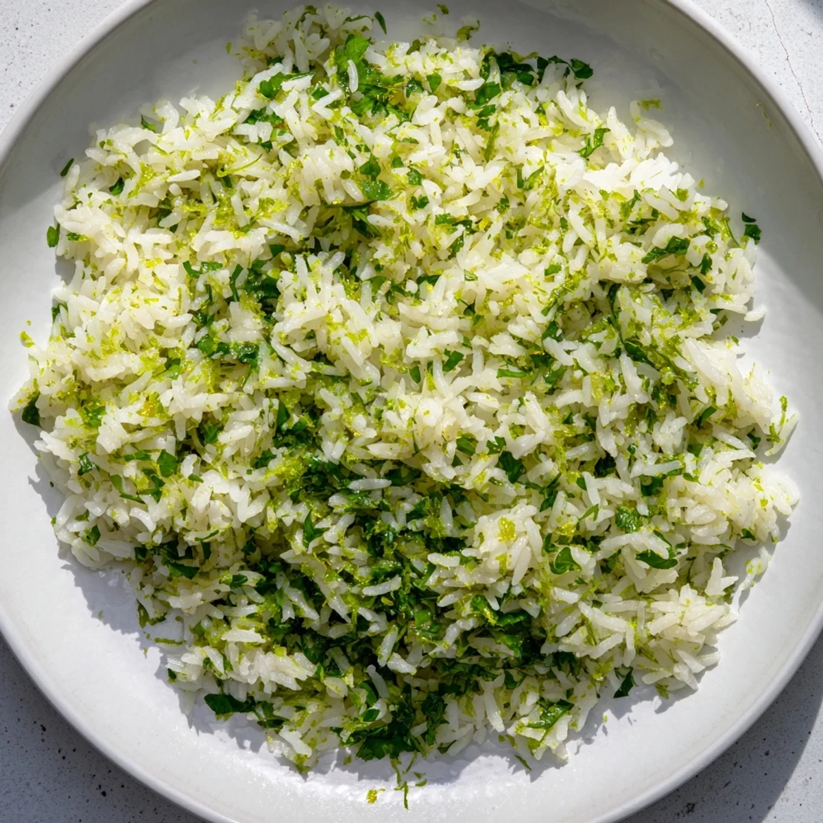 Fluffy Cilantro Lime Rice glistening with lime, a bright green, flavorful accompaniment to any meal.