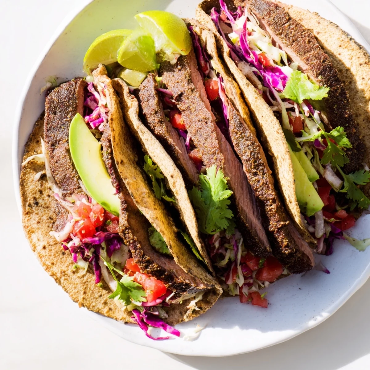 Coffee-Rubbed Steak Tacos, sliced steak glistening, ready to fill warmed tortillas with fresh toppings.