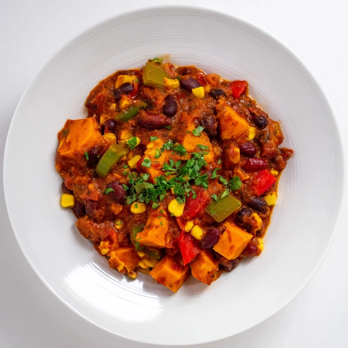 Thick and hearty Smoky Sweet Potato Chili, garnished with fresh cilantro, ready to be enjoyed.
