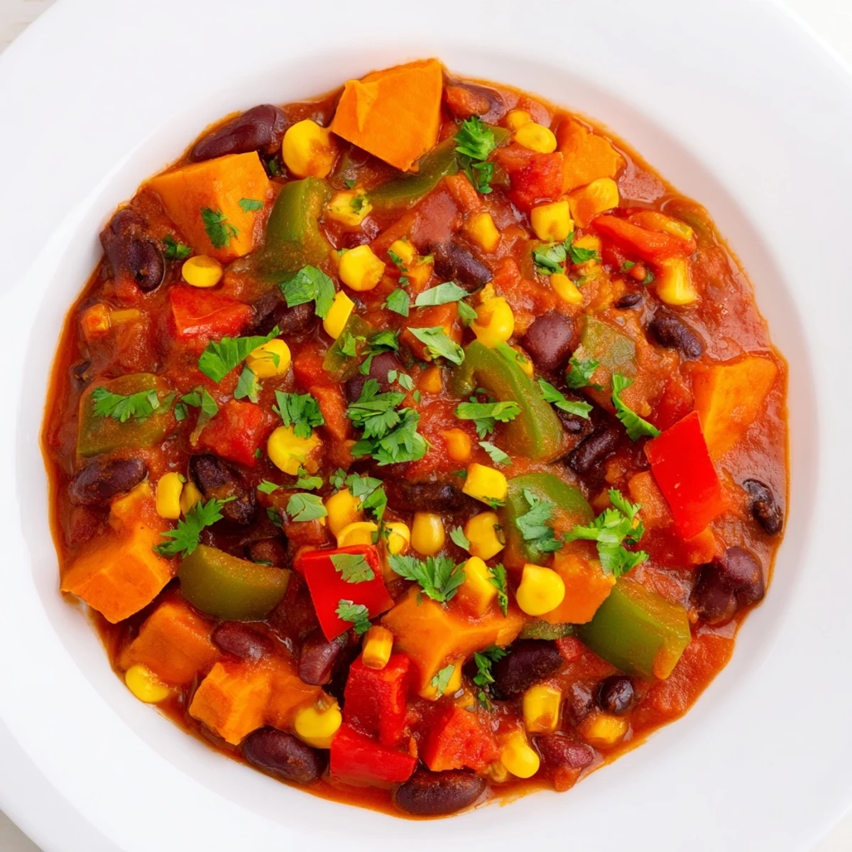A steaming bowl of Smoky Sweet Potato Chili, filled with colorful vegetables and savory aromas.