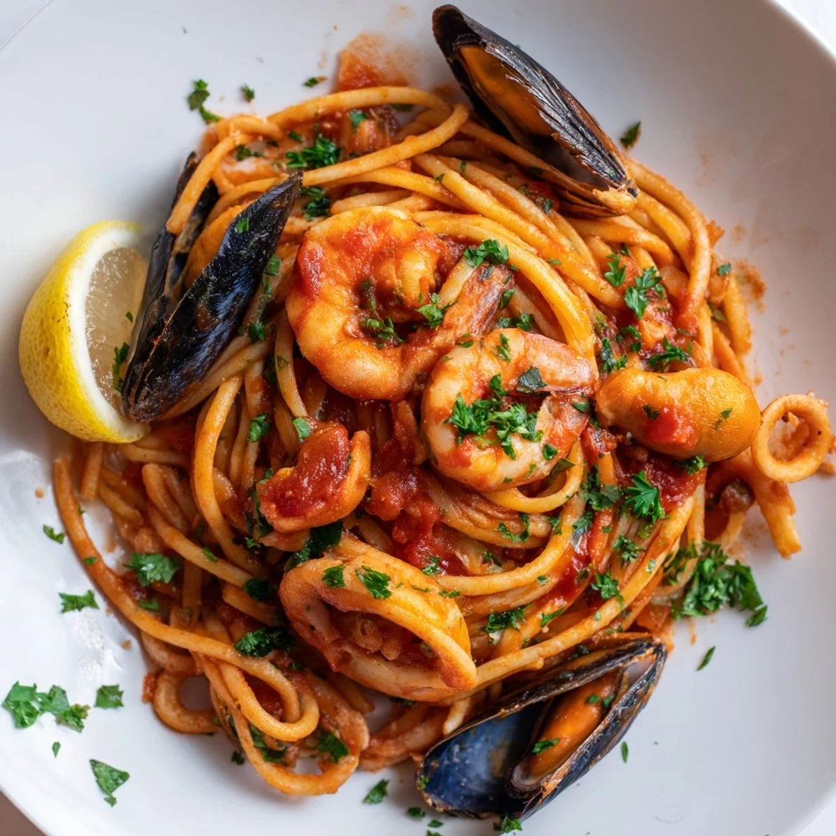 Beautiful Seafood Marinara Pasta, featuring tender seafood in a rich, vibrant tomato sauce.