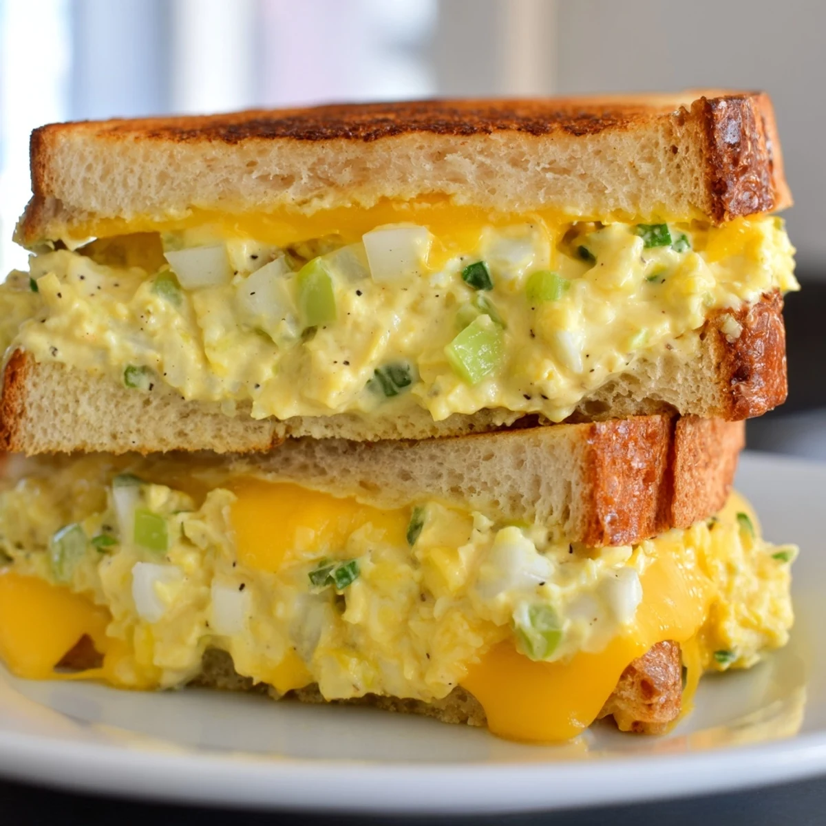 A delectable close-up shows the warm, gooey cheese and egg salad in the Egg Salad Grilled Cheese.