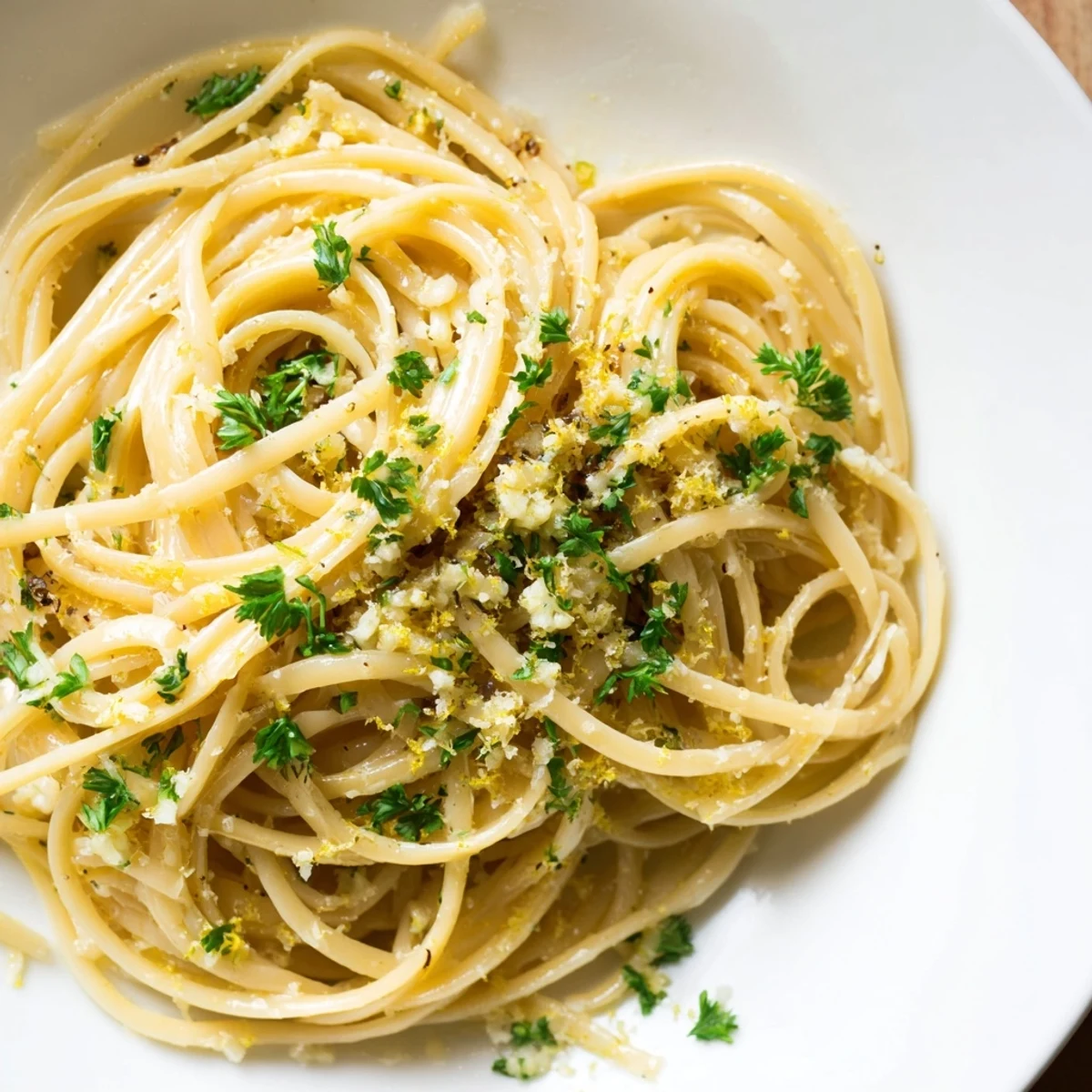 Creamy Garlic Butter Linguine, a simple Italian delight, garnished with Parmesan and lemon.