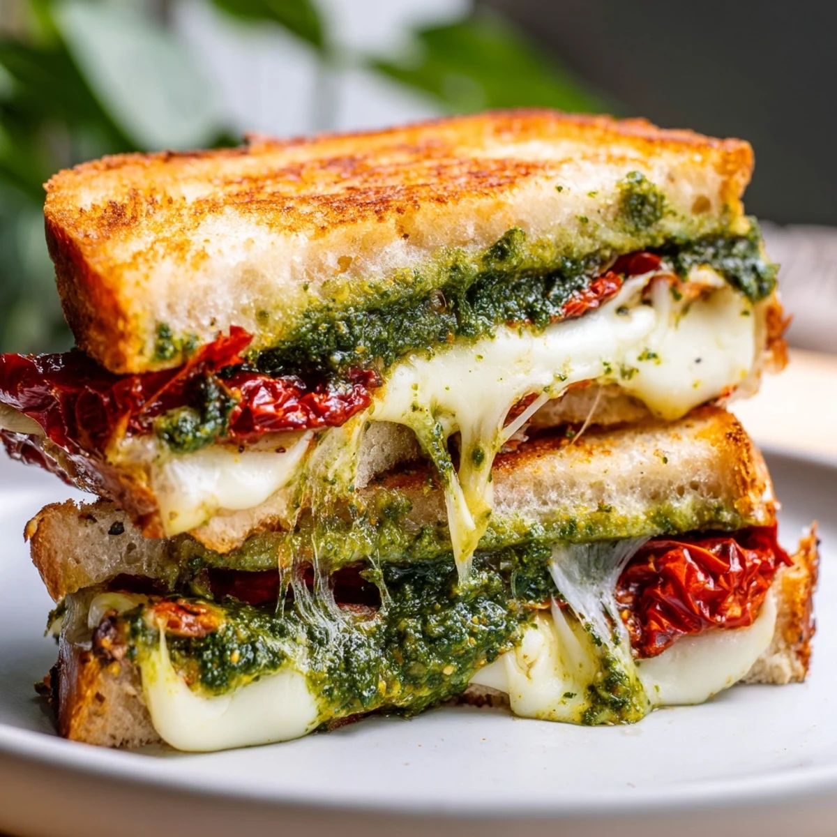 Warm pesto grilled cheese, with a crispy, golden crust and a delicious, cheesy center.