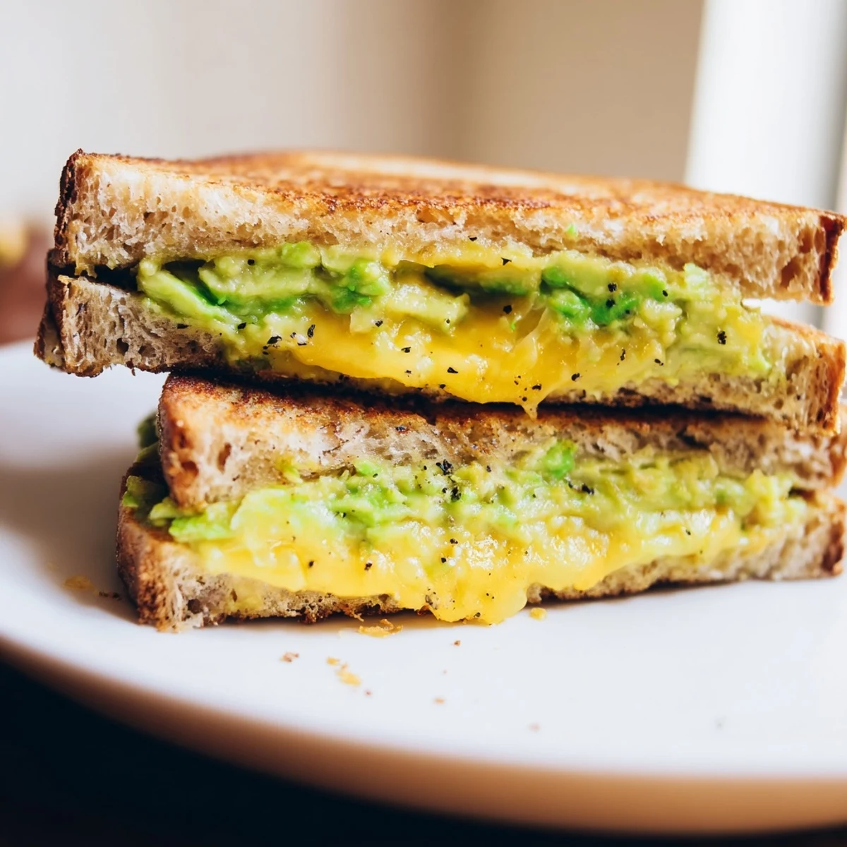 Golden, cheesy Avocado Toast Grilled Cheese, oozing with melted cheddar between crispy sourdough bread.