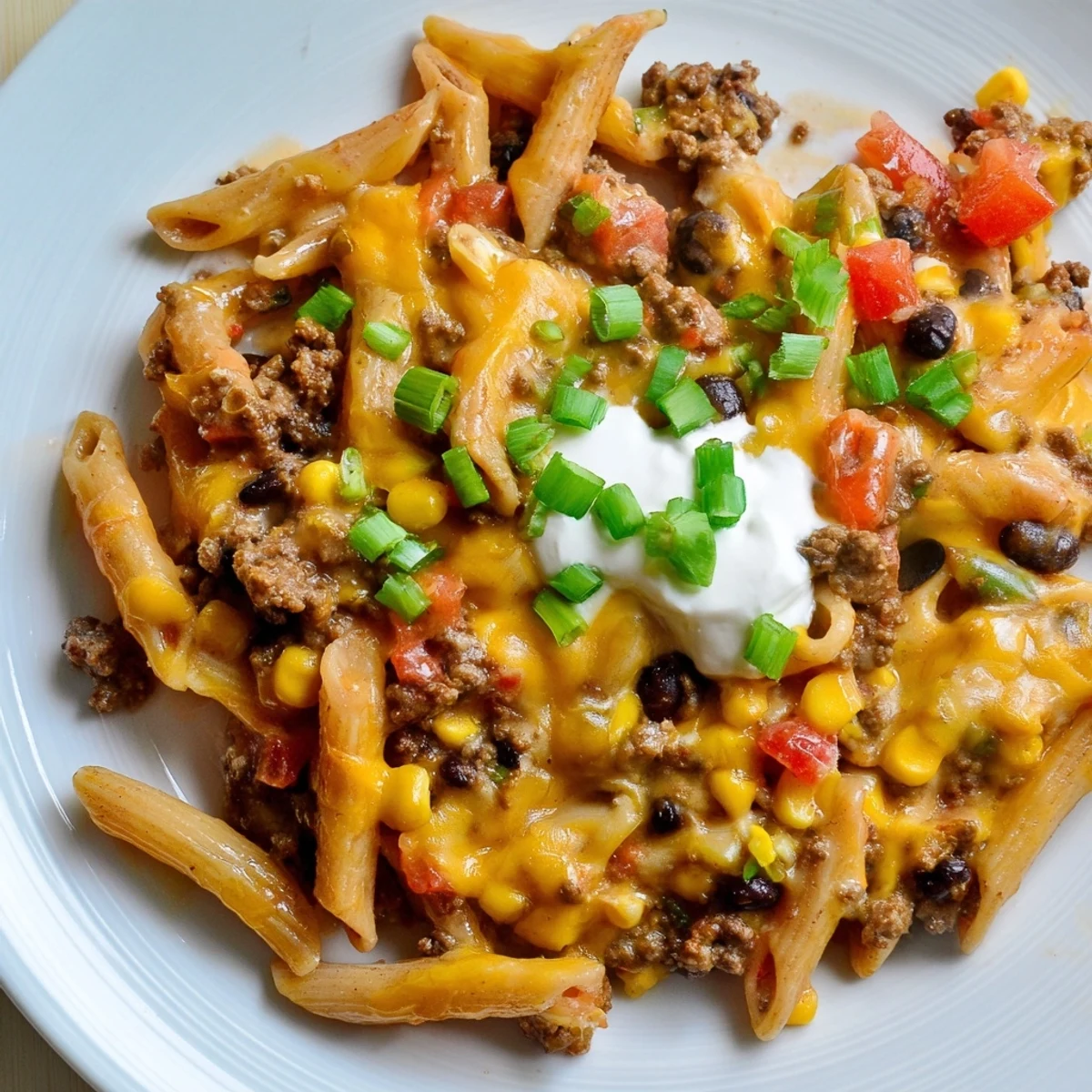 Steaming hot Cheesy Taco Pasta with melted cheese and fresh cilantro, a comforting family favorite.