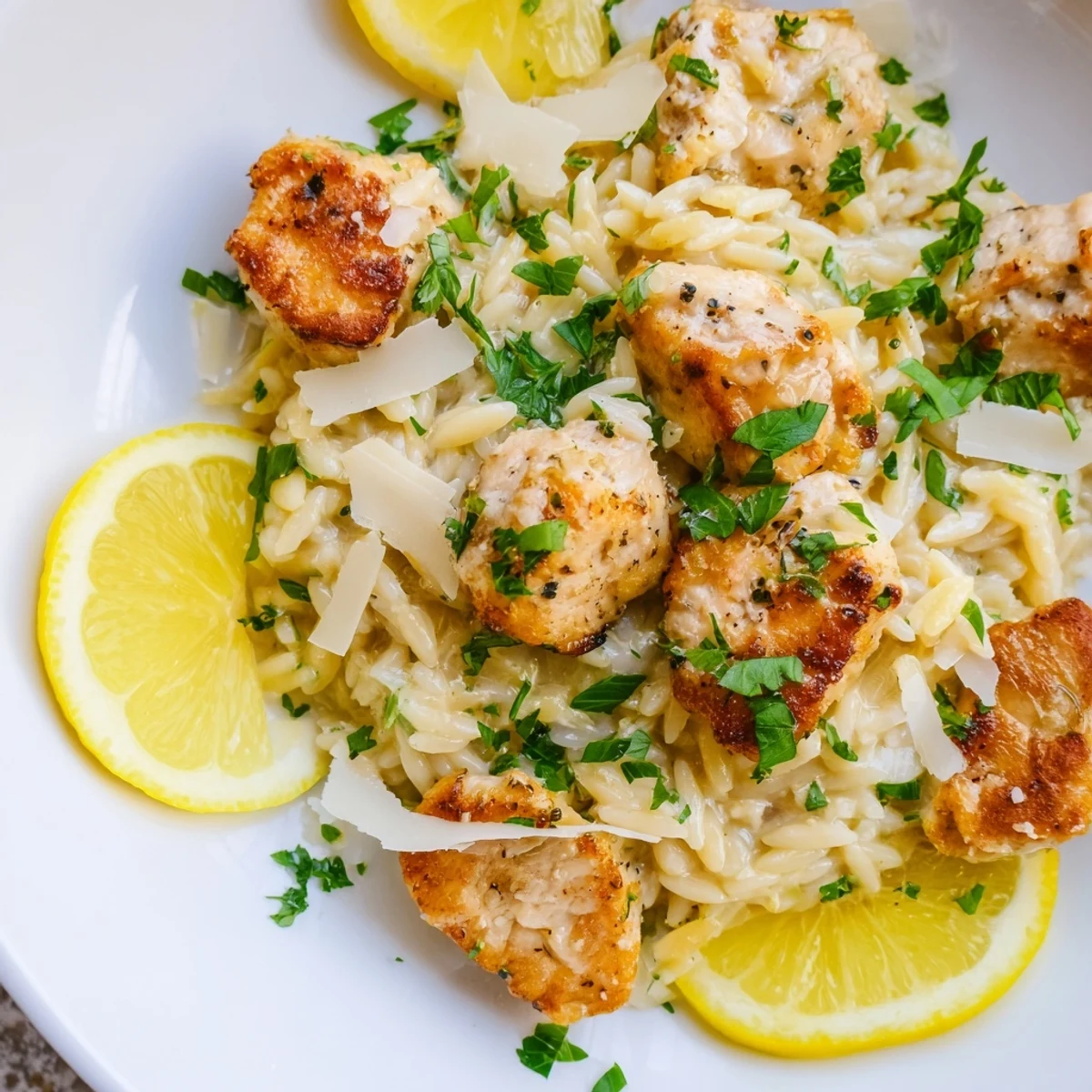 Bright and zesty, a bowl of Creamy Lemon Chicken Orzo with lemon slices calls.