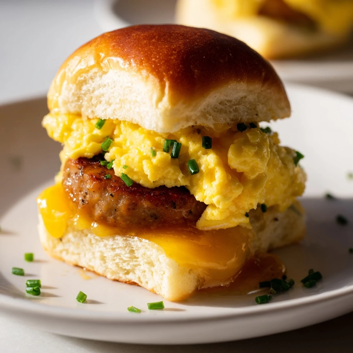 Savory breakfast spread: Mini Breakfast Sliders with perfectly cooked sausage and toasted slider buns.