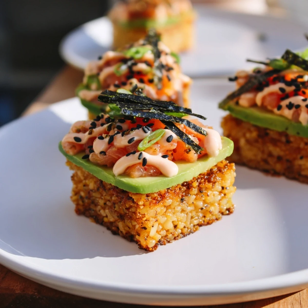 Golden, crispy rice topped with savory salmon; this Crispy Rice Salmon Stack is a flavorful bite.