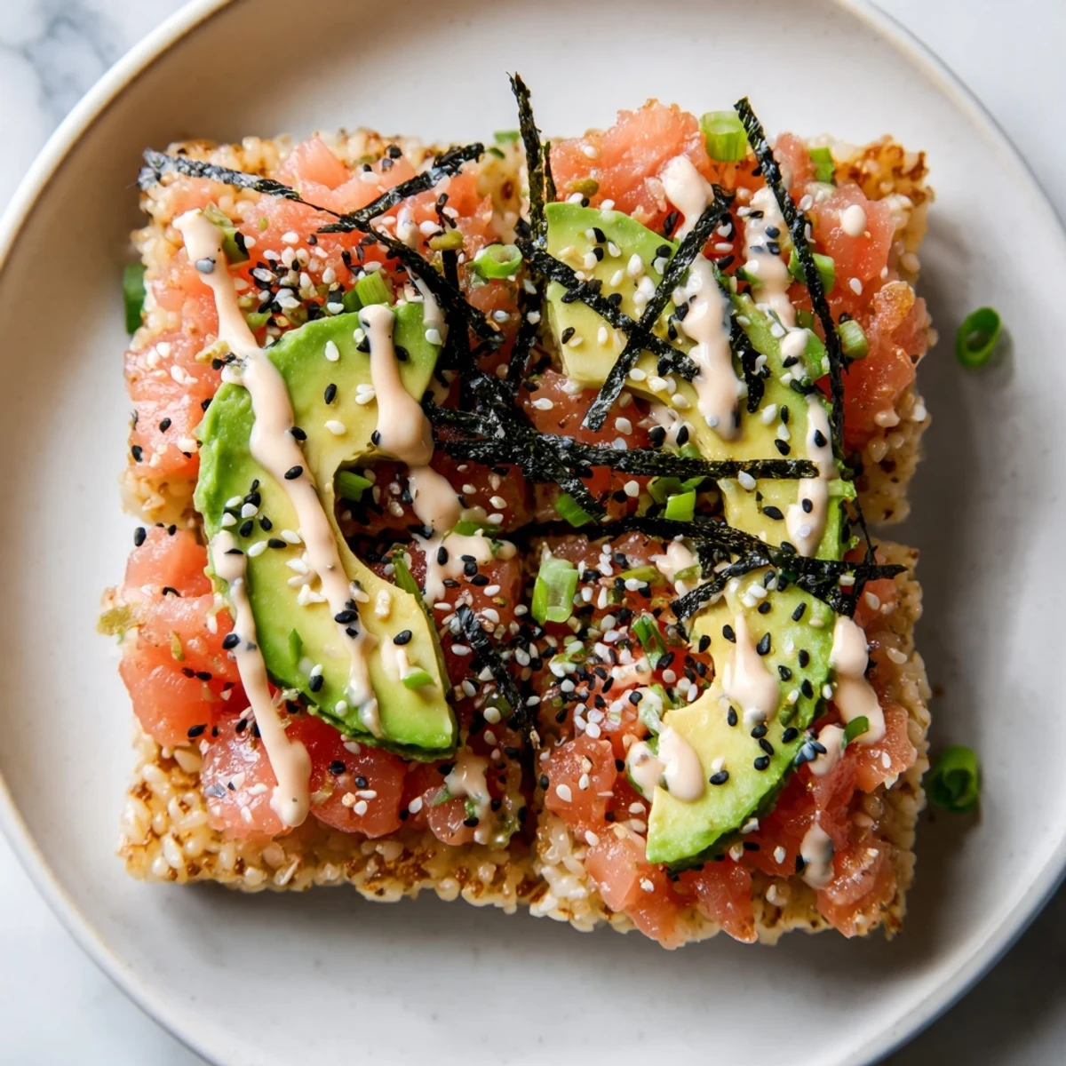 A close-up shows the colorful layers of a Crispy Rice Salmon Stack, ready for a delicious bite.