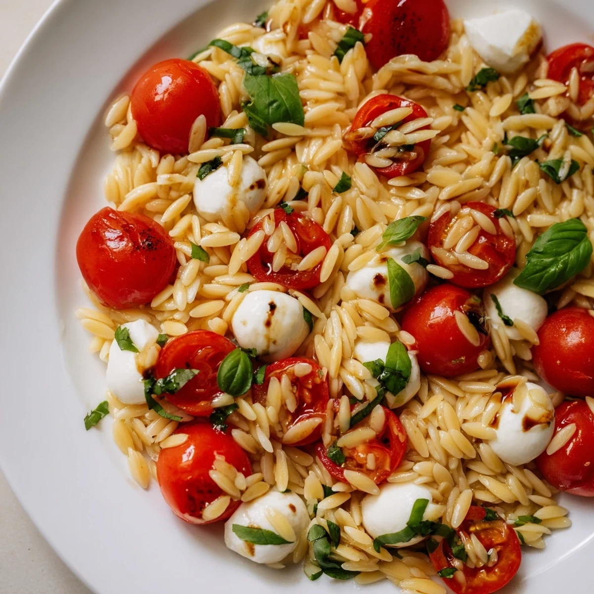 This Caprese Orzo Salad showcases chilled orzo with colorful tomatoes and creamy mozzarella drizzled with vinaigrette.