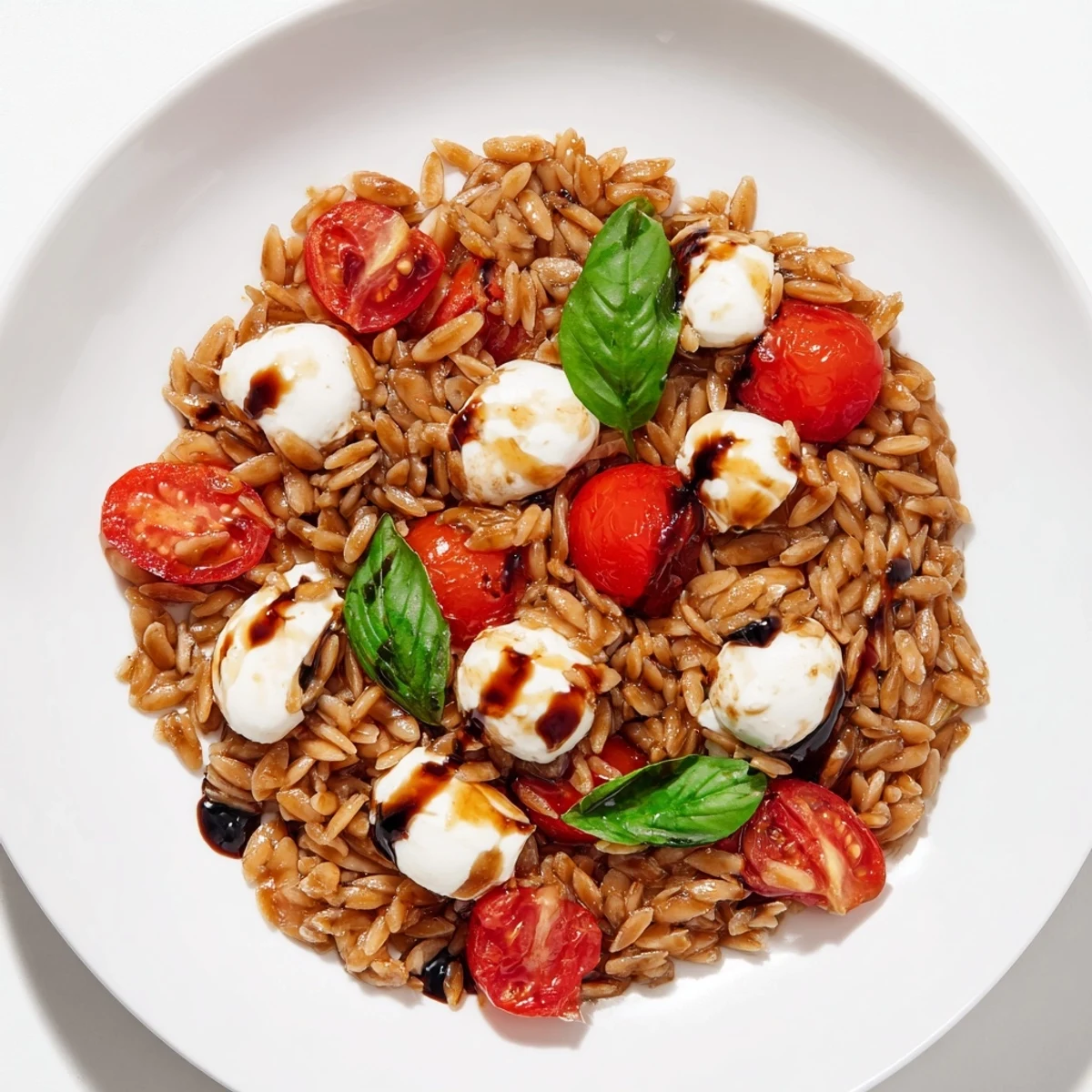 Enjoy a refreshing scoop of Caprese Orzo Salad, a perfect summer dish with basil and tangy flavors.