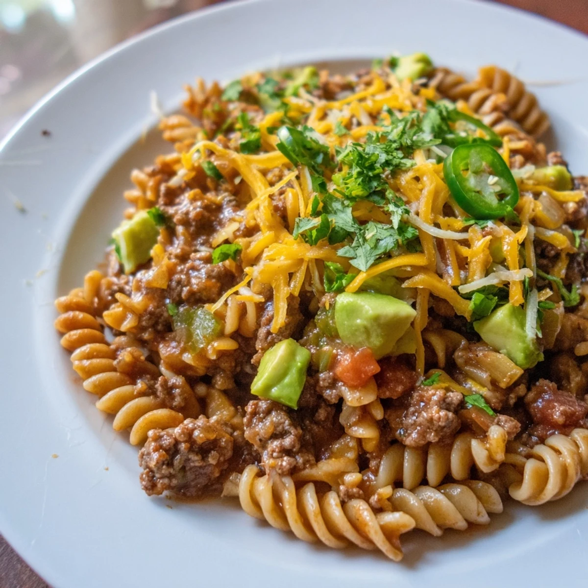 Vibrant photo of a richly flavored beef taco pasta skillet, with fresh cilantro garnish, a perfect meal.