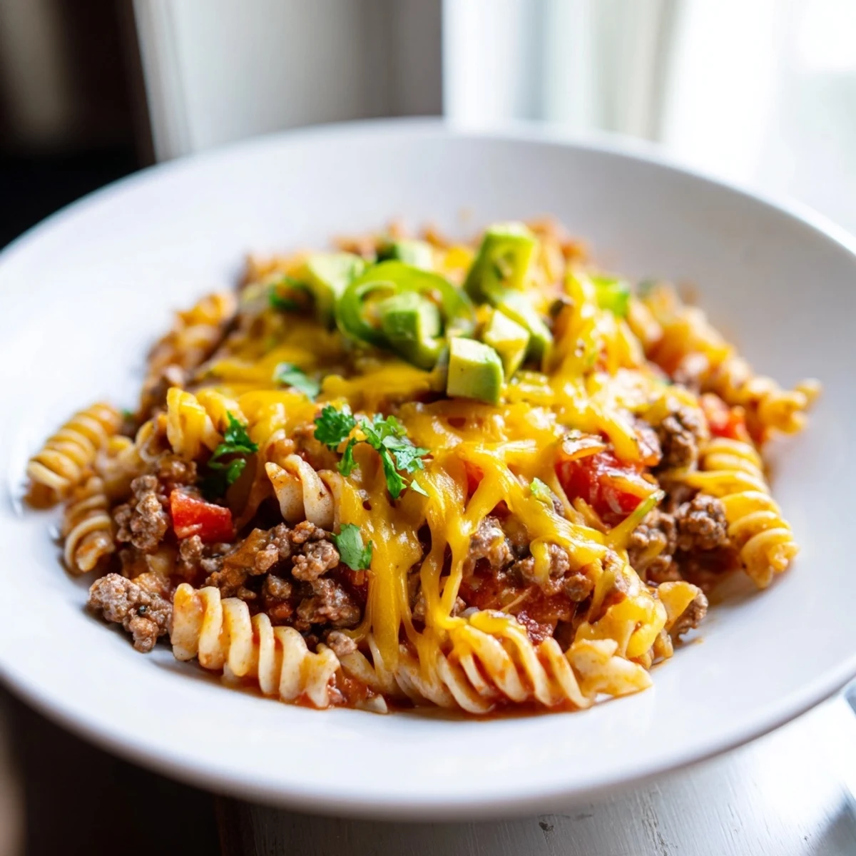 Steaming hot beef taco pasta skillet, topped with melted cheese, ready to enjoy this family favorite.