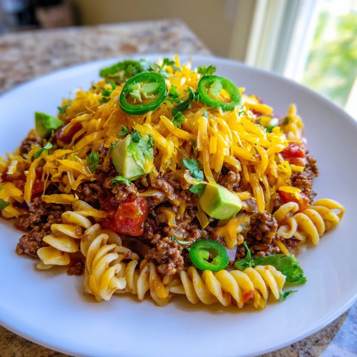 Close-up of a bubbling, cheesy beef taco pasta skillet, promising a comforting, satisfying Tex-Mex dinner.