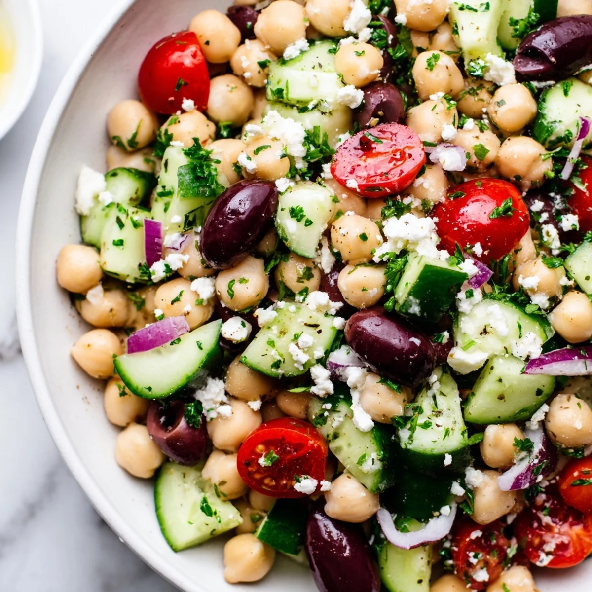 Imagine the colorful Mediterranean Chickpea Salad: bright red tomatoes, creamy feta, and zesty lemon dressing.