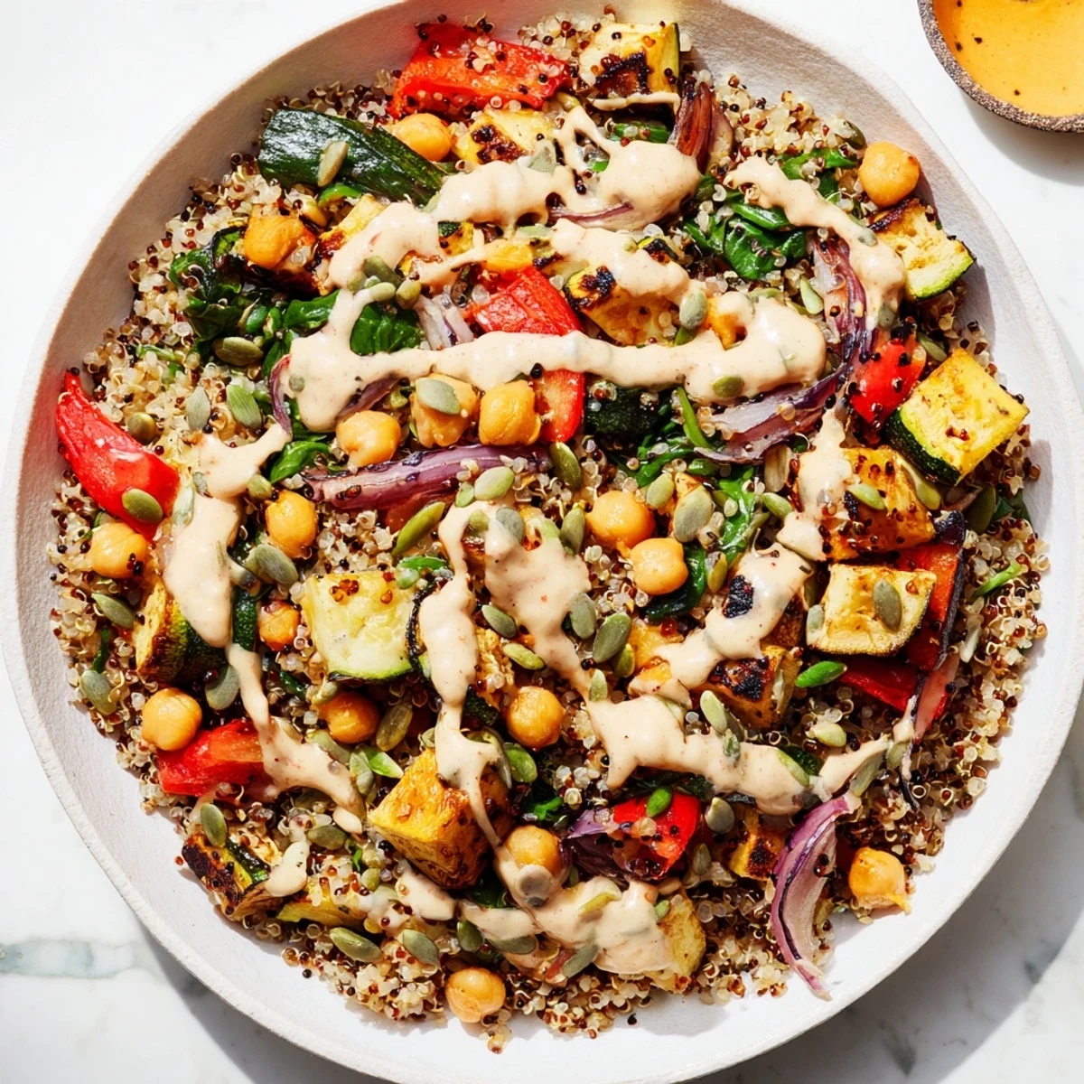 Vibrant Quinoa Power Protein Salad with roasted vegetables and creamy lemon dressing visuals.