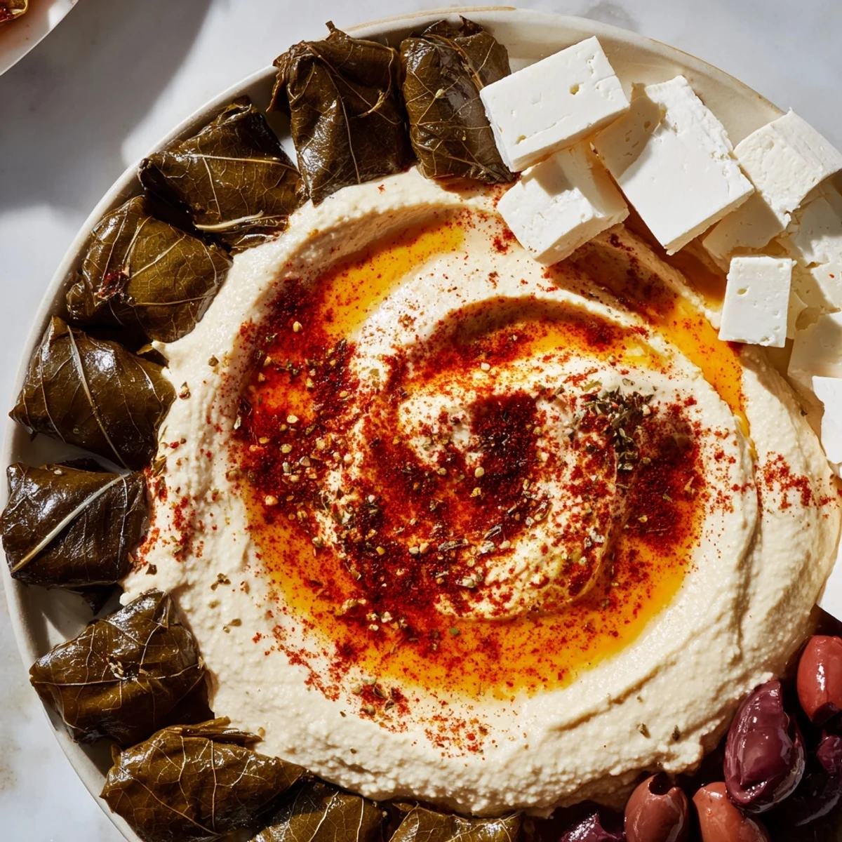 Close-up of a colorful Turkish Meze Platter, overflowing with creamy hummus and olives for sharing.